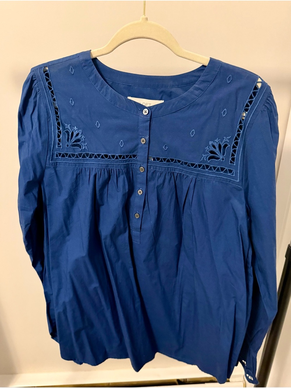 LOFT Blue Embroidered Henley Blouse